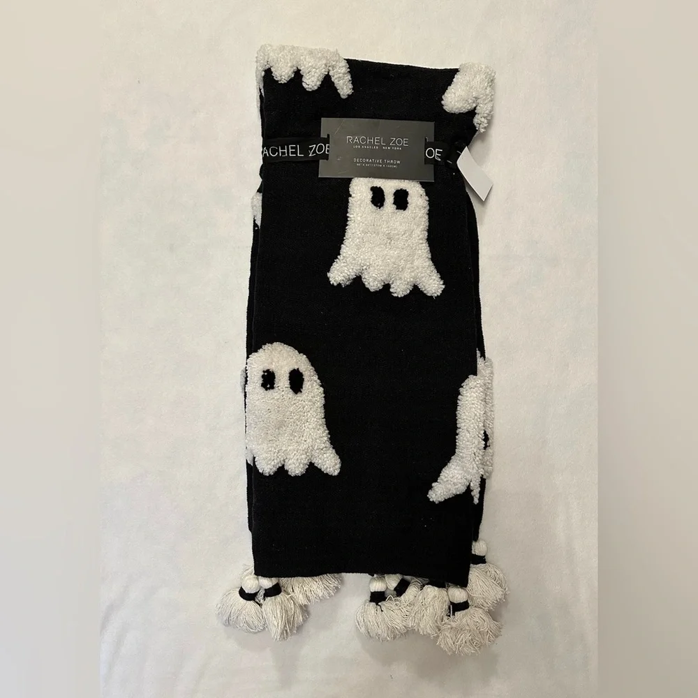 NWT Rachel Zoe Halloween Throw Blanket Black Tufted Ghosts Tassel Cottagecore